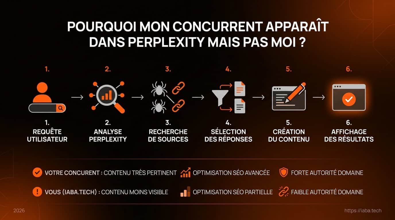 Schéma de processus d'optimisation de la visibilité Perplexity pourquoi mon concurrent apparaît dans les réponses de Perplexity mais pas moi