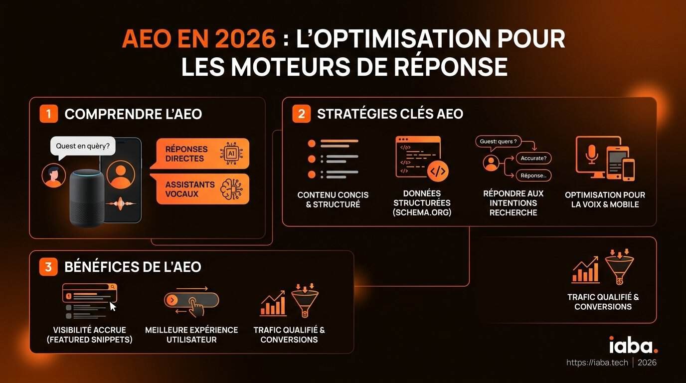 Infographie du fonctionnement de l'Answer Engine Optimization en 2026 : référencement AEO