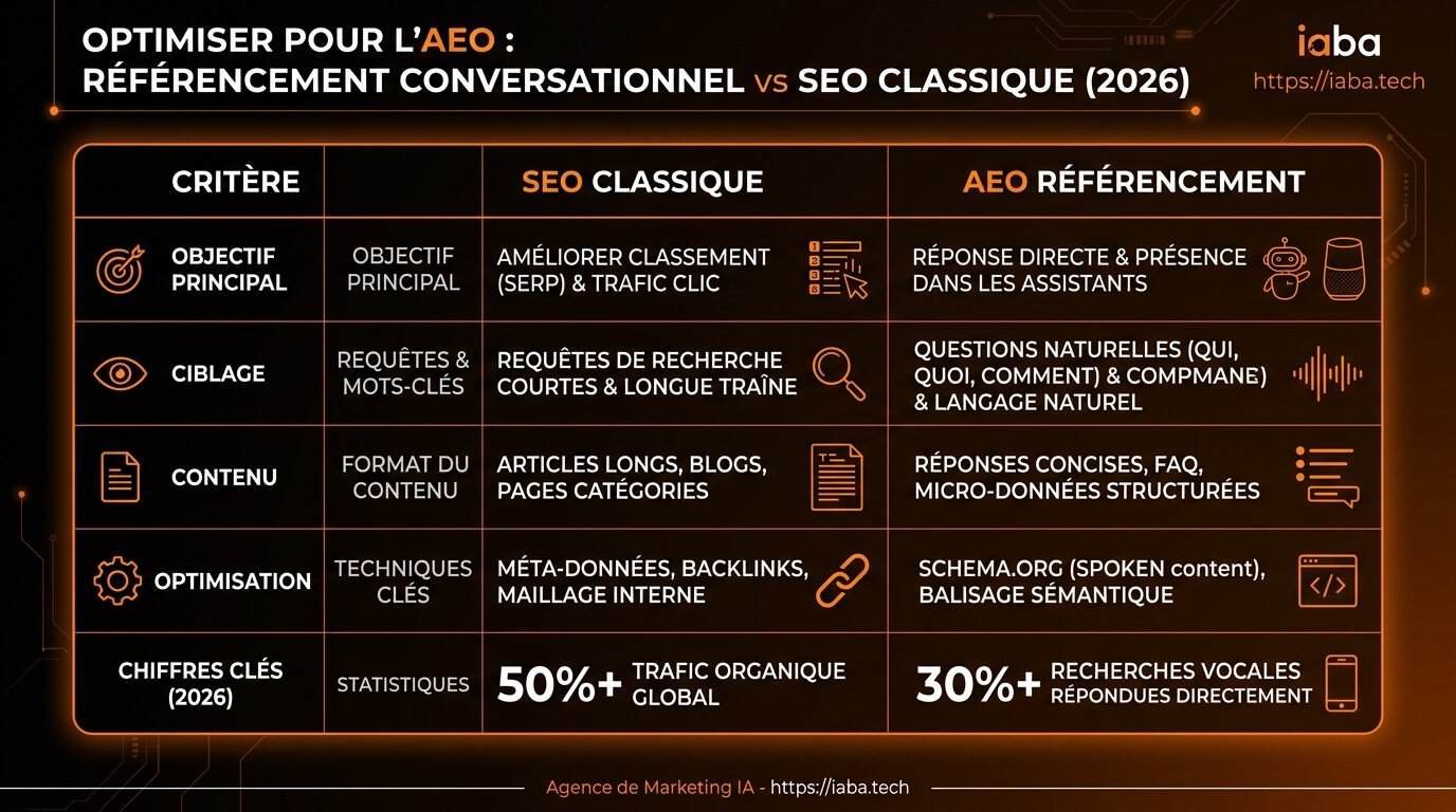 Tableau comparatif des stratégies d'AEO et référencement 2026