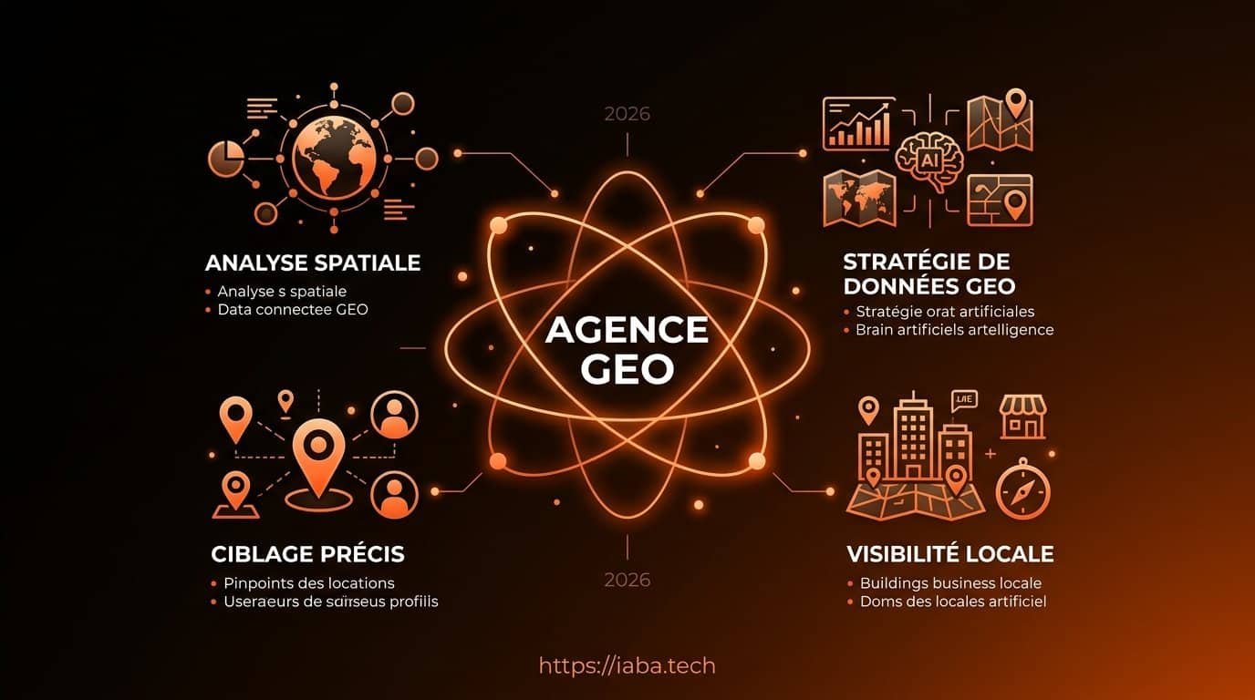 Infographie illustrant les services d'une agence GEO et l'intégration des sources pour les moteurs de recherche génératifs