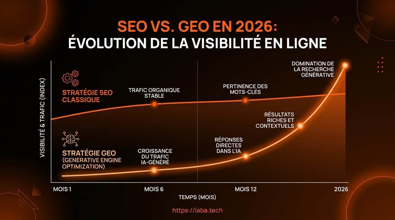 Comparaison croissance volume de recherche entre SEO traditionnel et GEO sur 12 mois