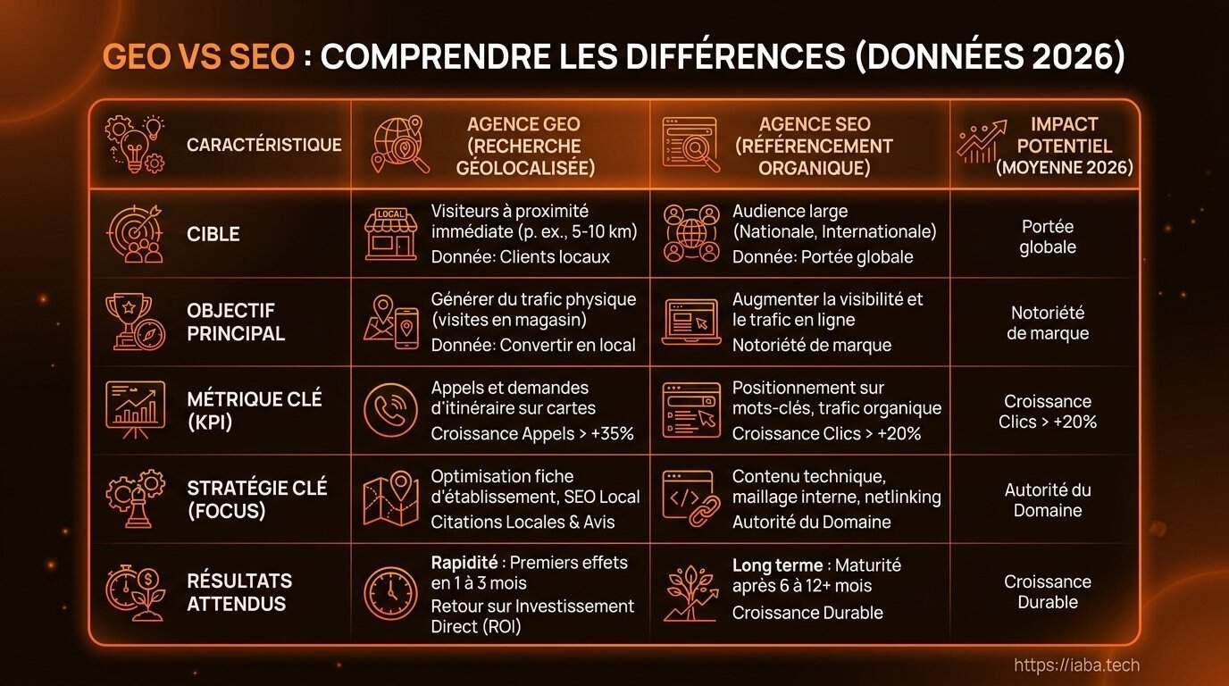 Tableau comparatif agence SEO et agence GEO en 2026 : stratégies, KPIs et ROI