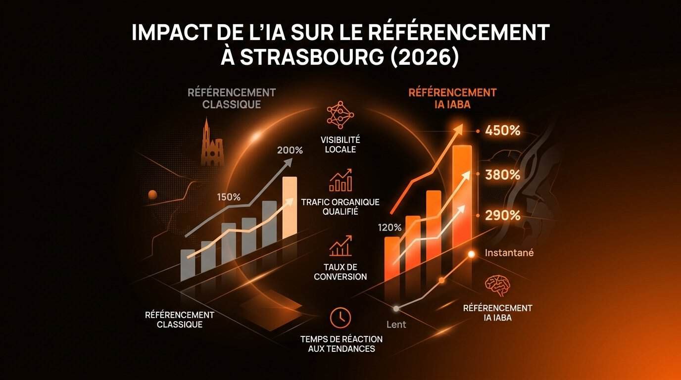 Comparaison croissance trafic SEO classique vs stratégie hybride référencement IA Strasbourg