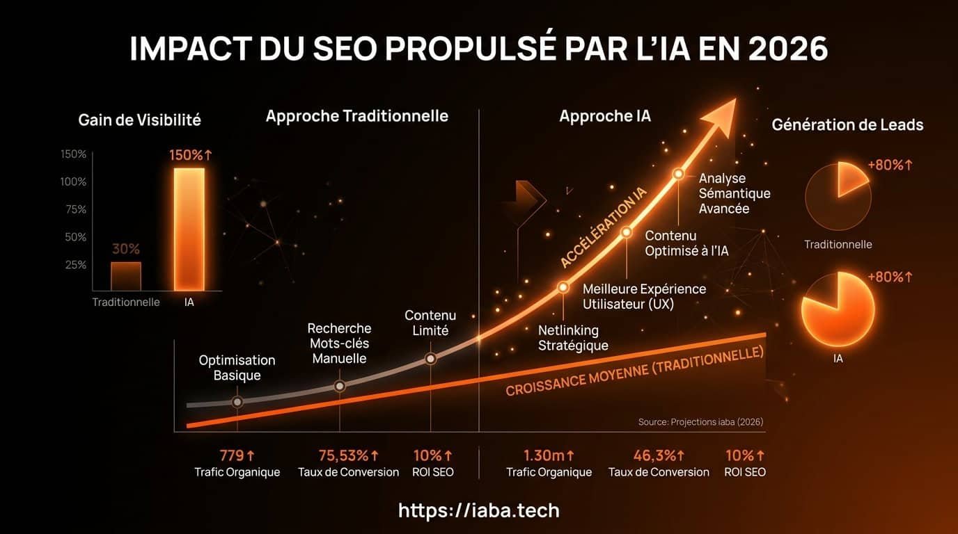 Graphique de croissance du trafic organique d'une agence SEO IA versus stratégie traditionnelle