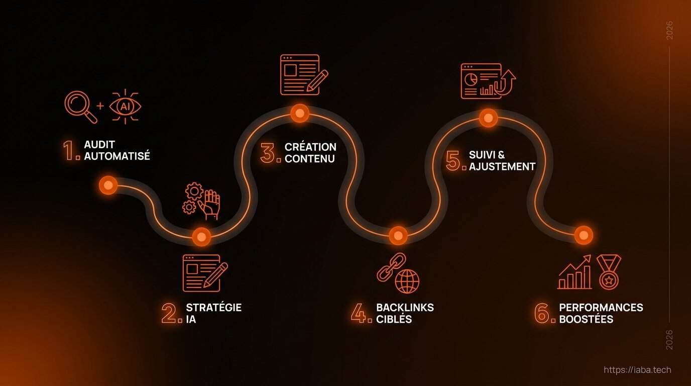Schéma du processus complet d'une mission SEO IA : audit, indexation, contenu, suivi