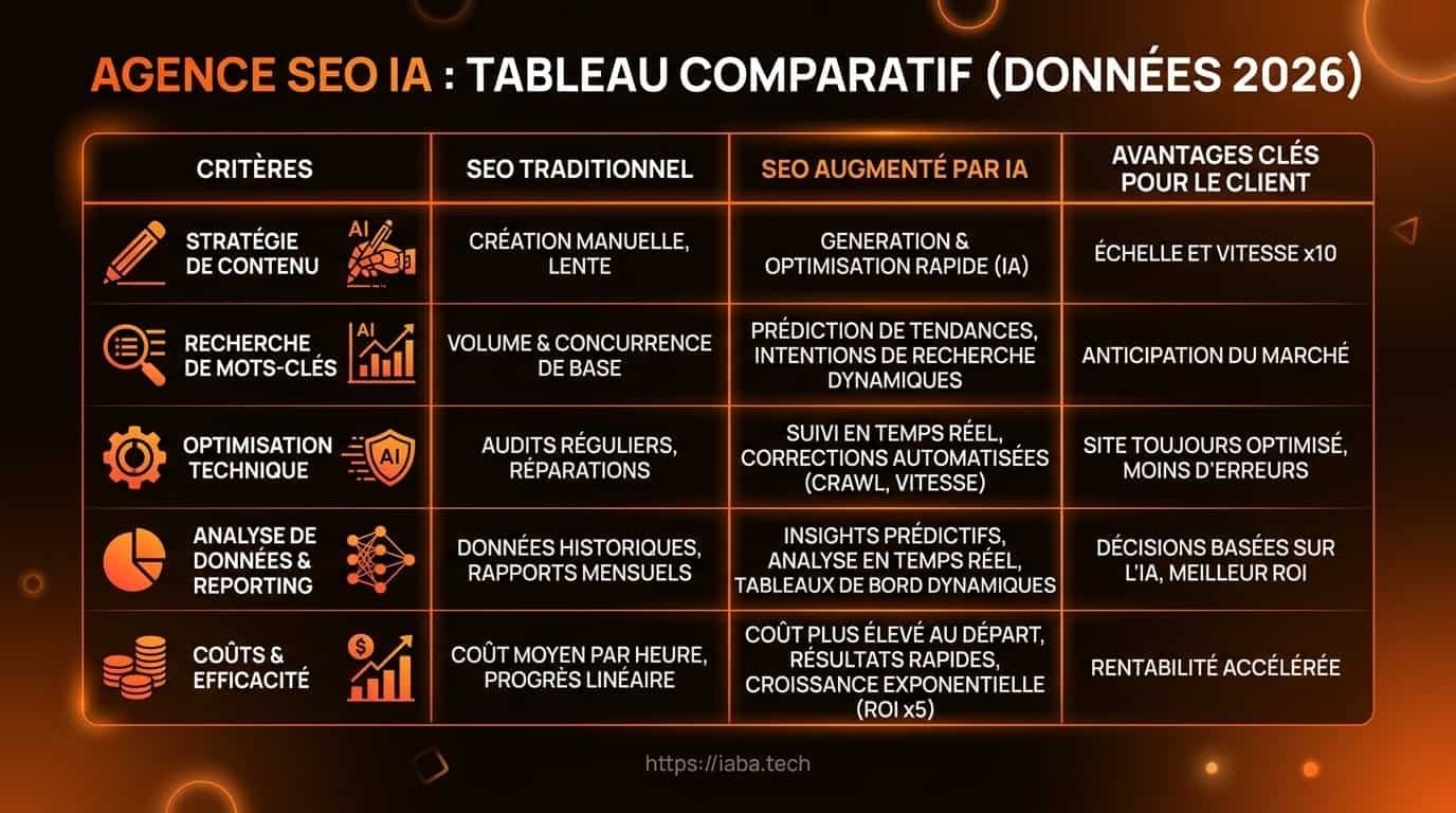 Tableau comparatif des agences SEO IA en 2026 selon critères techniques
