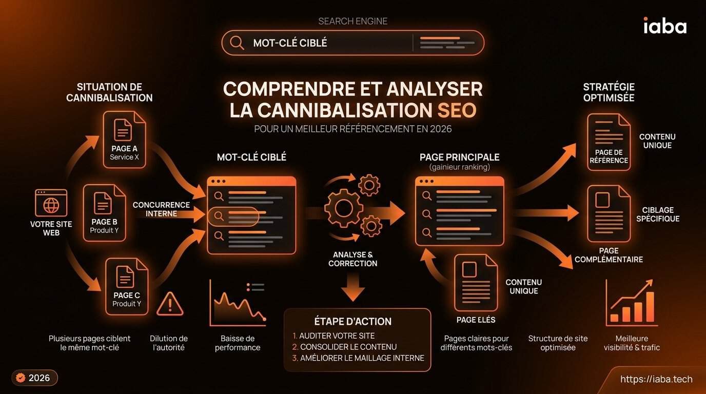 Infographie schéma décisionnel en 5 étapes pour détecter et résoudre la cannibalisation SEO