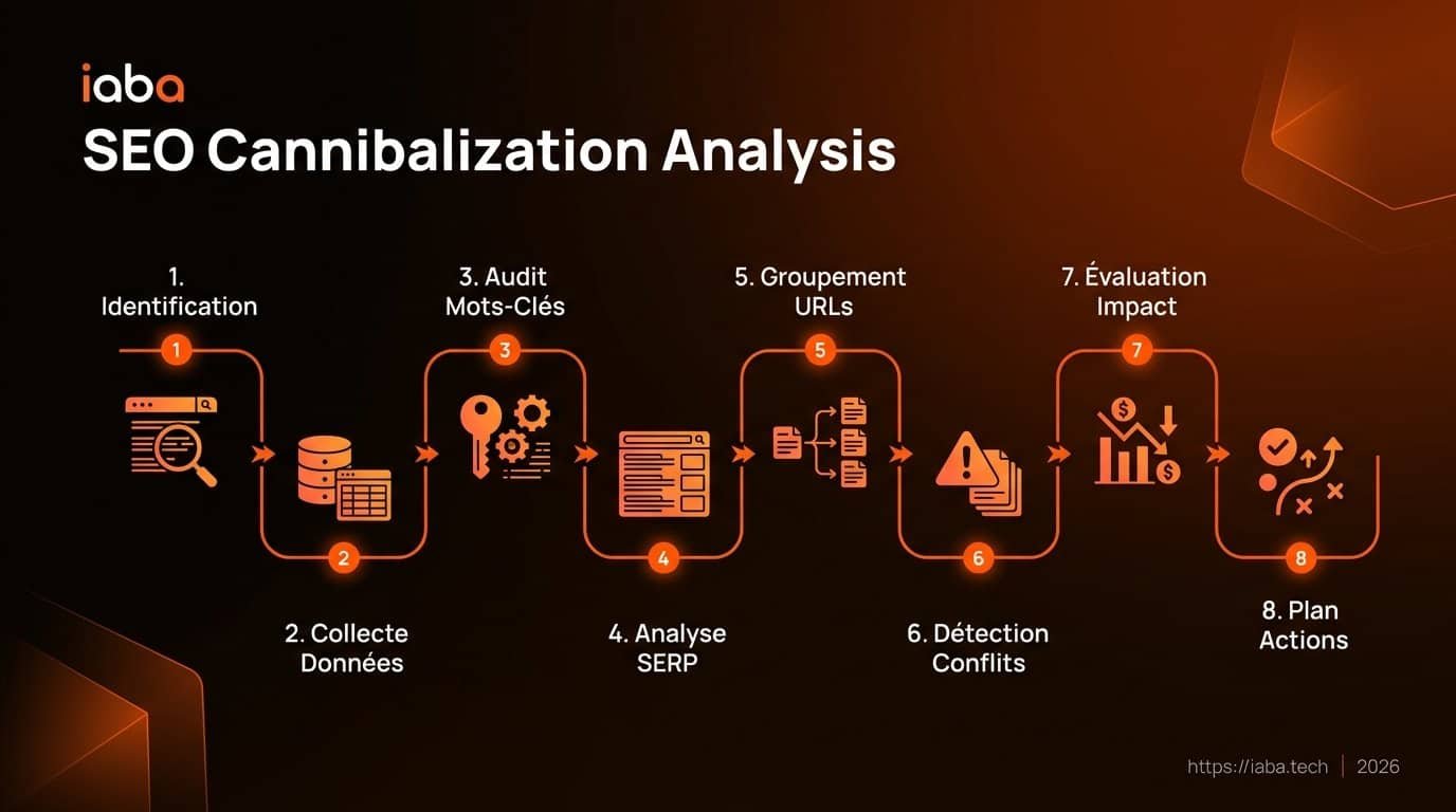Schéma de processus pour identifier la cannibalisation SEO via Google Search Console en 2026
