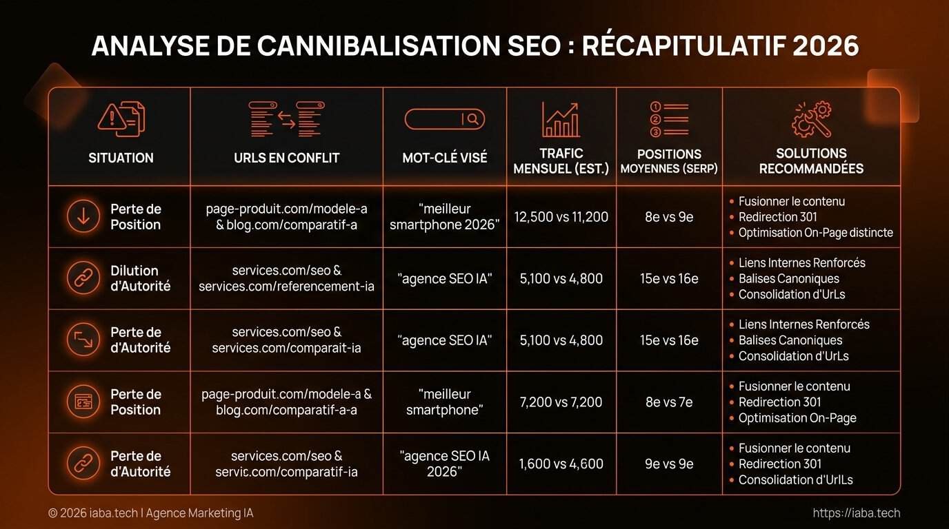 Tableau comparatif des outils d'analyse de cannibalisation SEO en 2026