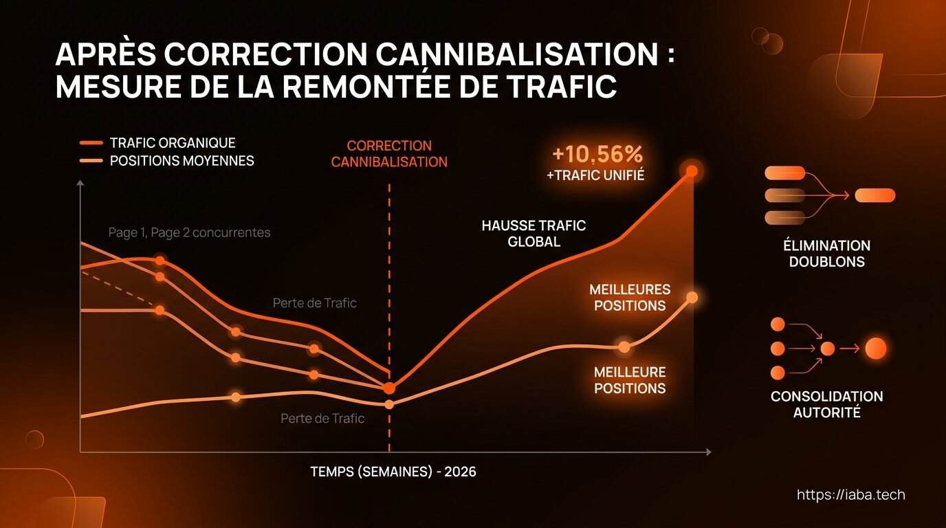 Graphique de comparaison montrant la remontée des positions sur les mots-clés cibles après correction de cannibalisation SEO