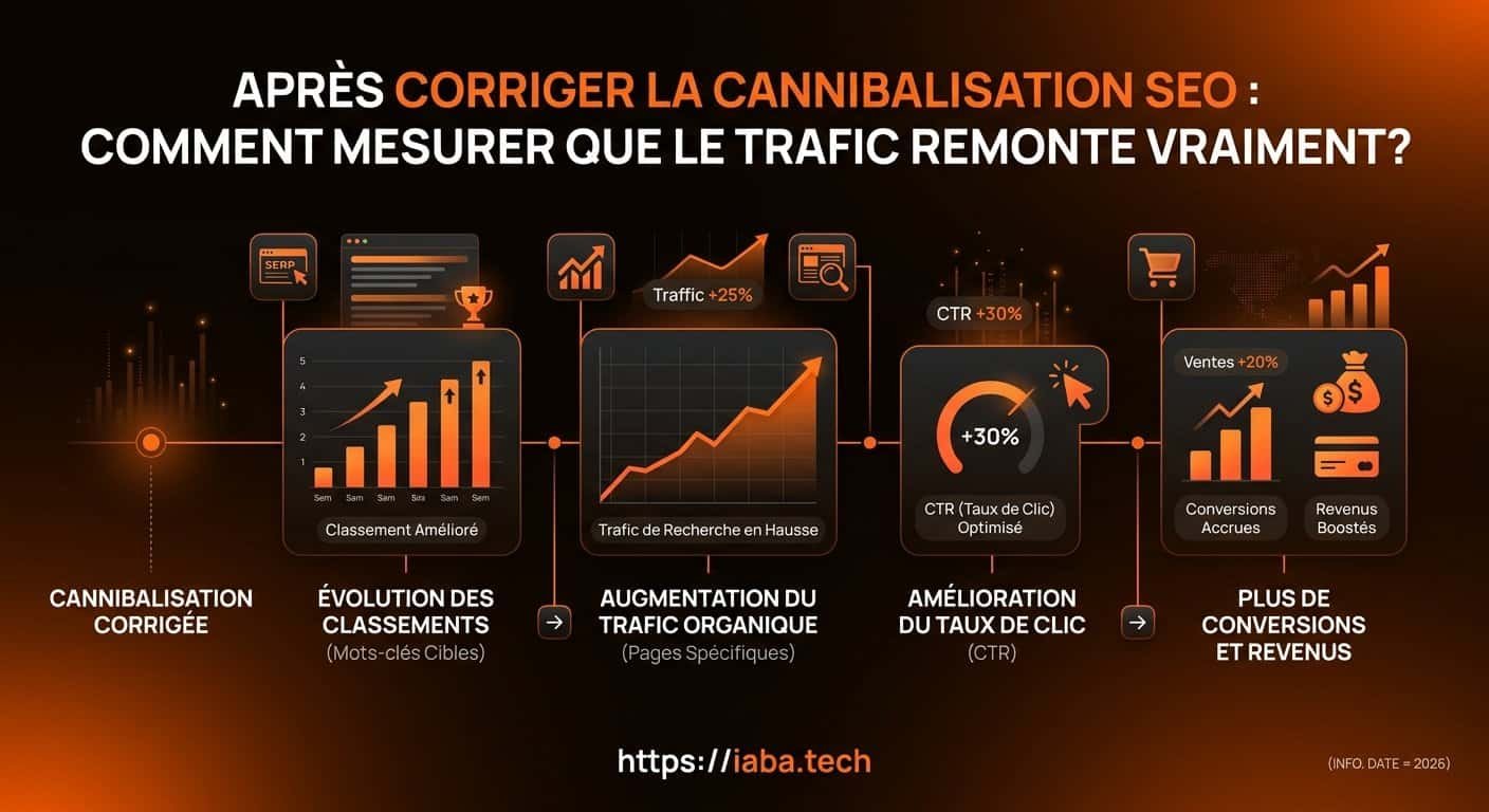 Infographie processus en 5 étapes pour analyser la reprise du trafic SEO post-cannibalisation