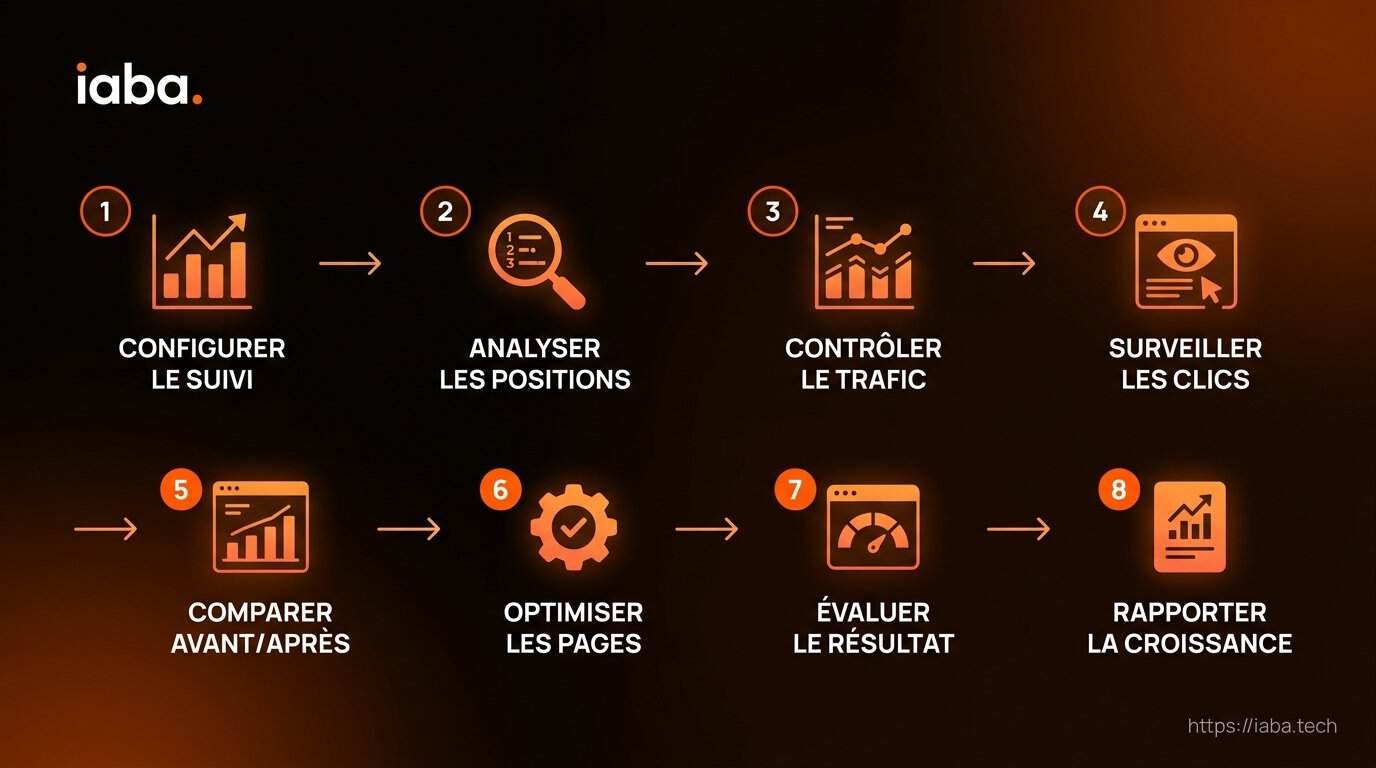 Schéma de processus en 5 étapes pour la validation finale de la reconquête des requêtes après cannibalisation SEO