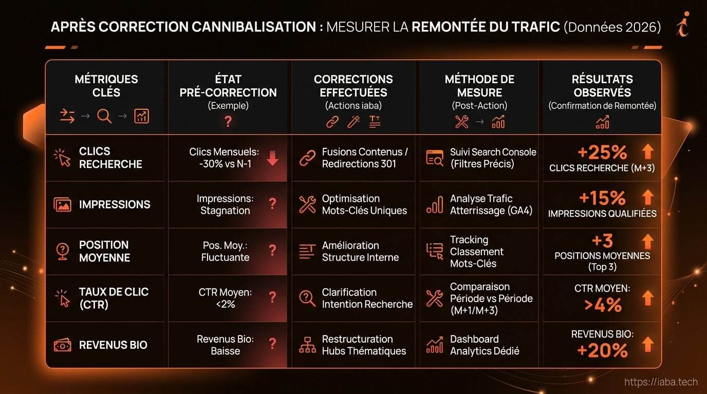 Tableau des indicateurs de performance SEO pour mesurer la remontée de trafic après correction de cannibalisation
