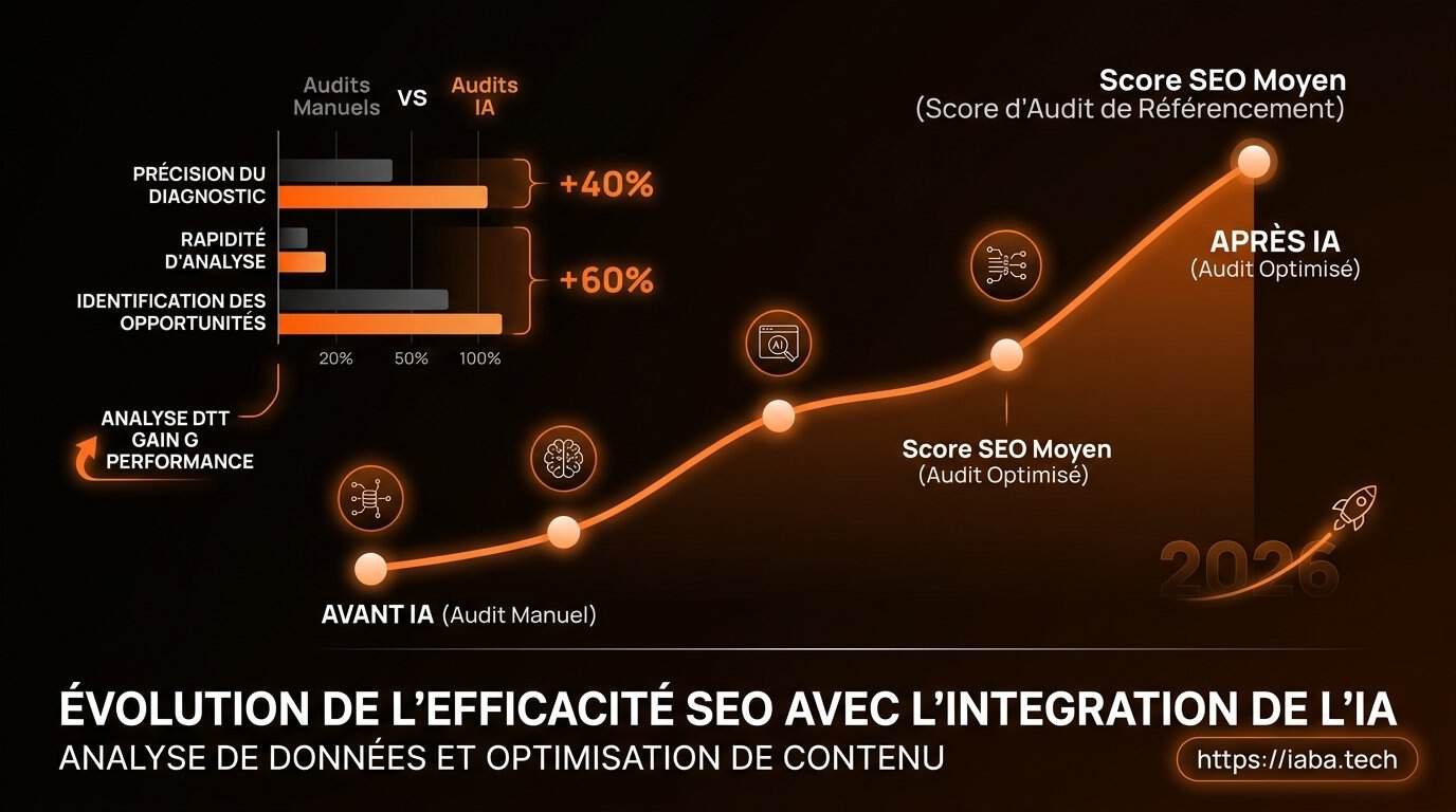 Graphique comparant la précision d'un audit SEO manuel et d'un audit IA, avec réduction du temps d'analyse