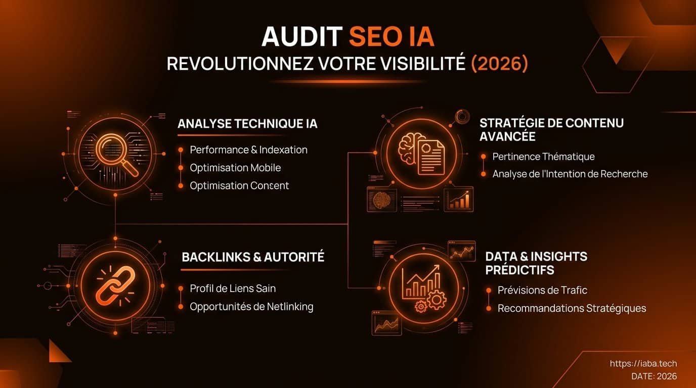 Infographie : étapes d'un audit SEO assisté par IA en 2026, analyse sémantique et optimisation technique