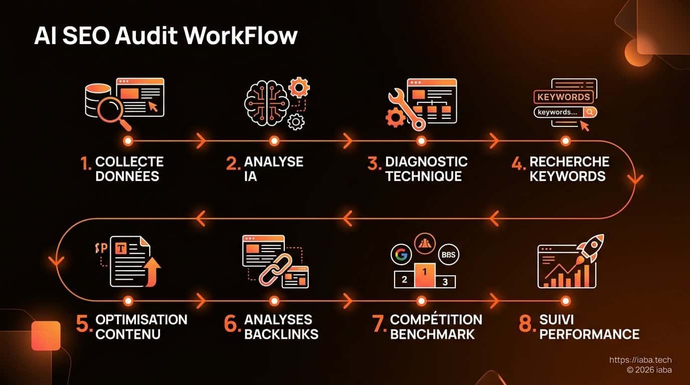 Schéma de processus d'audit SEO IA : analyse sémantique, crawl par agent IA, score E-E-A-T
