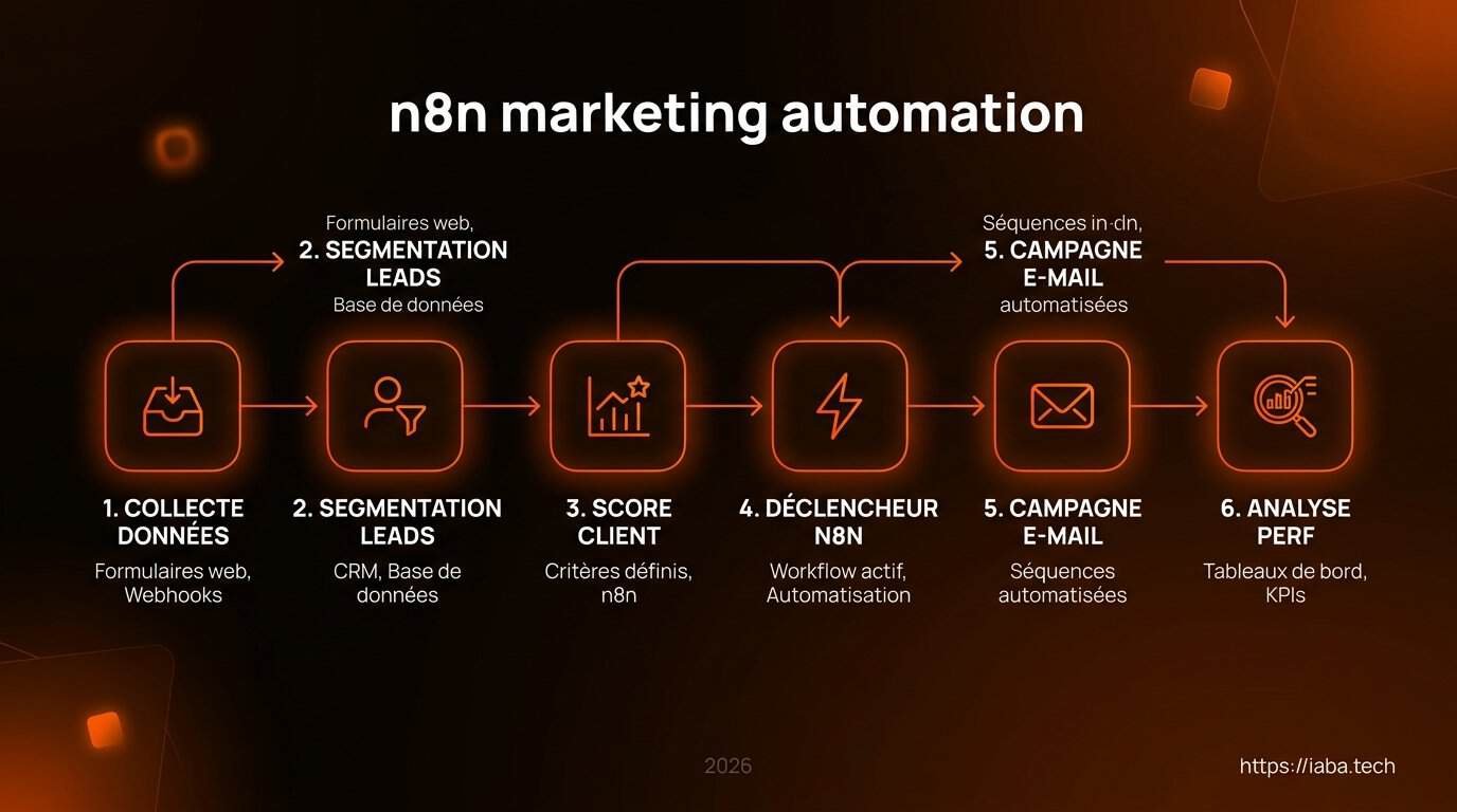 Schéma de processus d'automatisation marketing n8n : collecte, qualification, séquences, analyse