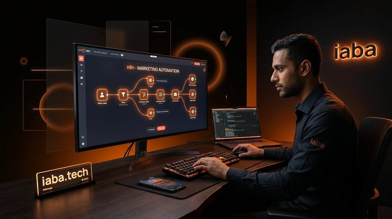 Tableau de bord visuel montrant des nœuds connectés pour l'automatisation marketing sur n8n