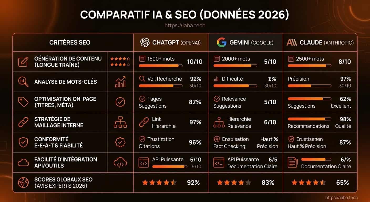 ChatGPT, Gemini ou Claude pour le SEO ? Comparatif 2026 2 Comparatif ChatGPT Gemini Claude pour le SEO en 2026