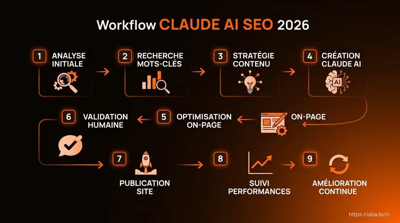 Schéma de processus pour optimiser le SEO avec Claude AI en 2026