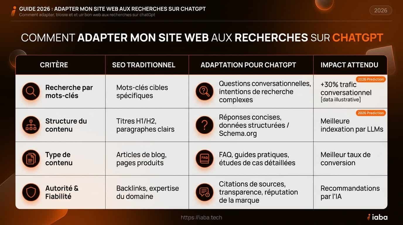 Adapter son site web aux recherches ChatGPT en 2026 3 Comparatif des critères d'indexation entre Google (SEO) et ChatGPT (GEO)
