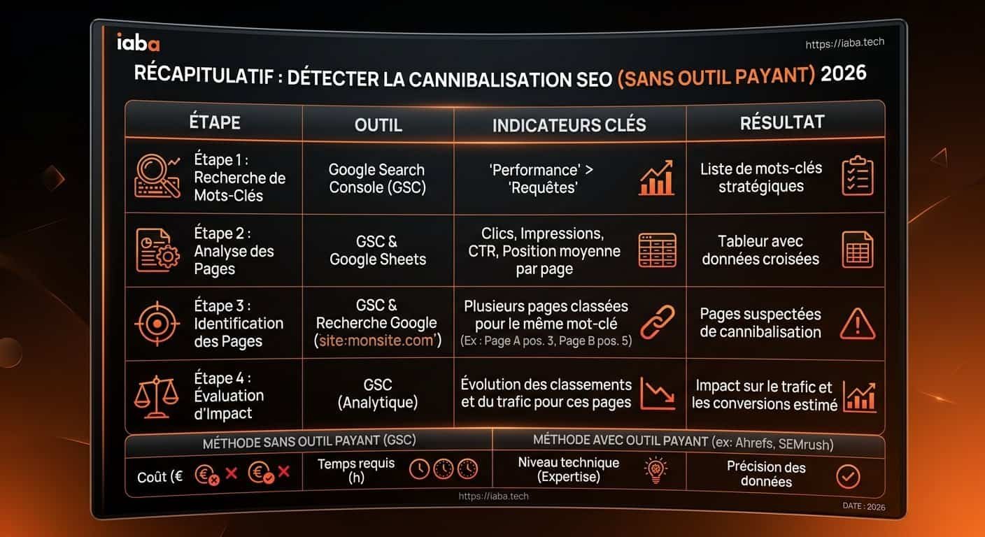 Cannibalisation SEO : la détecter gratuitement en 2026 5 Comparatif des méthodes manuelles de détection de cannibalisation SEO sans outil payant