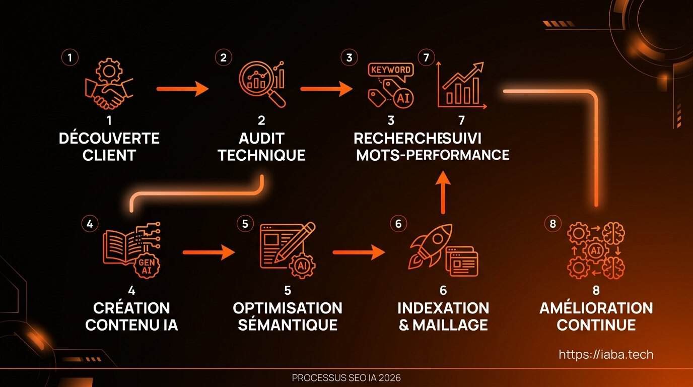 Consultant SEO IA générative ou agence : que choisir en 2026 ? 5 Schéma de processus : audit sémantique, agents IA, contenus augmentés, maillage interne, monitoring SEO 2026