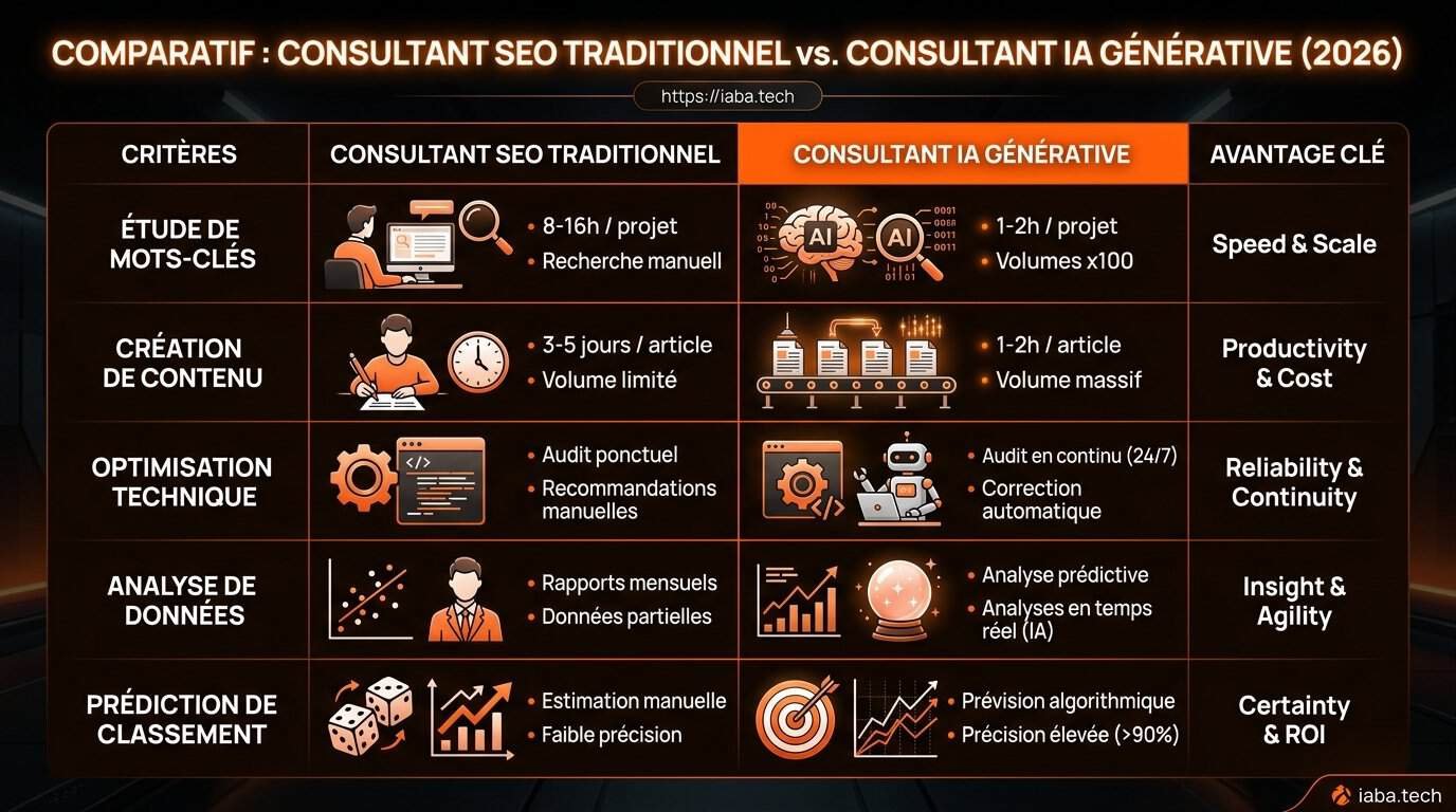 Consultant SEO IA générative ou agence : que choisir en 2026 ? 4 Comparatif des consultants SEO IA générative : prompts, indexation LLM, audit technique, automatisation, ROI