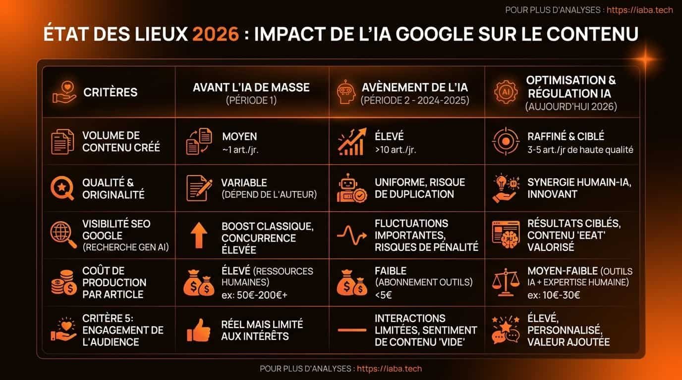 Tableau comparatif des critères d'évaluation Google pour le contenu généré par IA en 2026