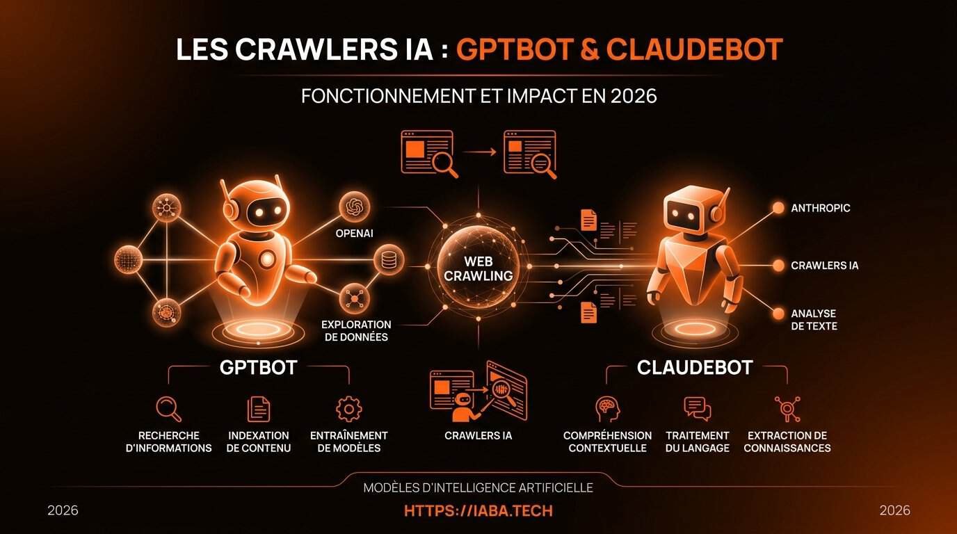 Infographie : processus en 4 étapes des crawlers IA GPTBot et ClaudeBot vers les bases de données LLM