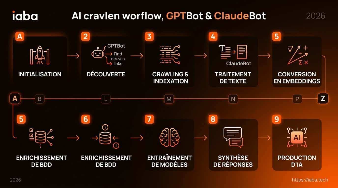 Schéma de processus : configuration robots.txt et user-agents GPTBot ClaudeBot pour contrôler l'indexation IA