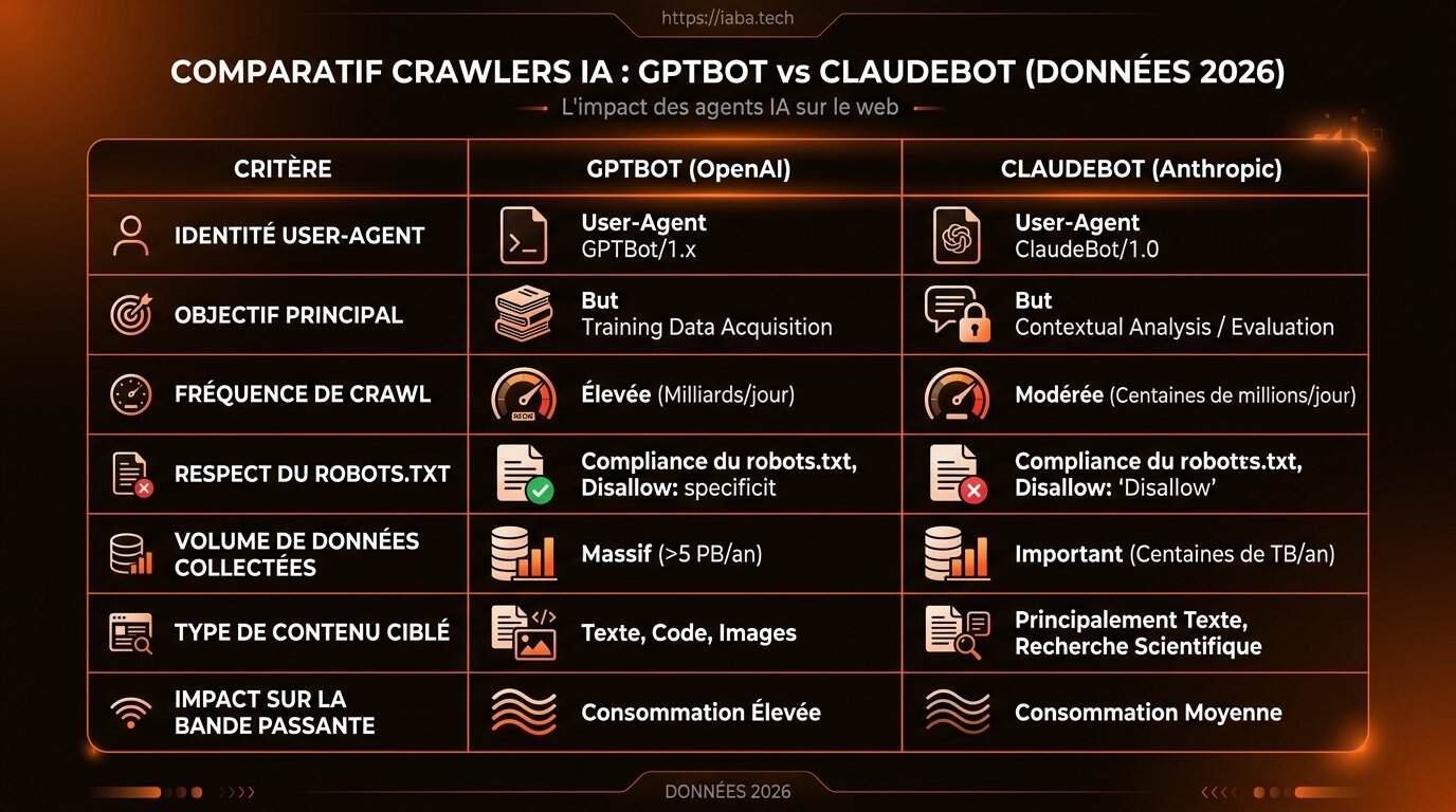 Tableau : comparatif technique des crawlers IA 2026 GPTBot ClaudeBot Google-Extended CCBot