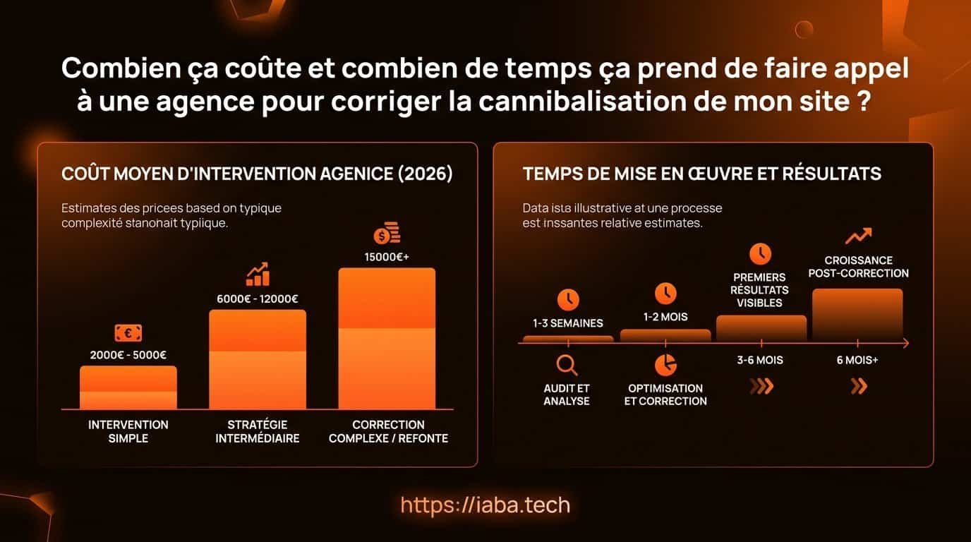 Cannibalisation SEO : prix et délais d'une agence en 2026 4 Graphique comparatif coût et délais correction cannibalisation SEO selon taille du site