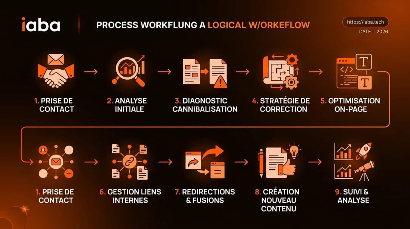 Cannibalisation SEO : prix et délais d'une agence en 2026 5 Schéma de processus correction cannibalisation SEO étapes 2026