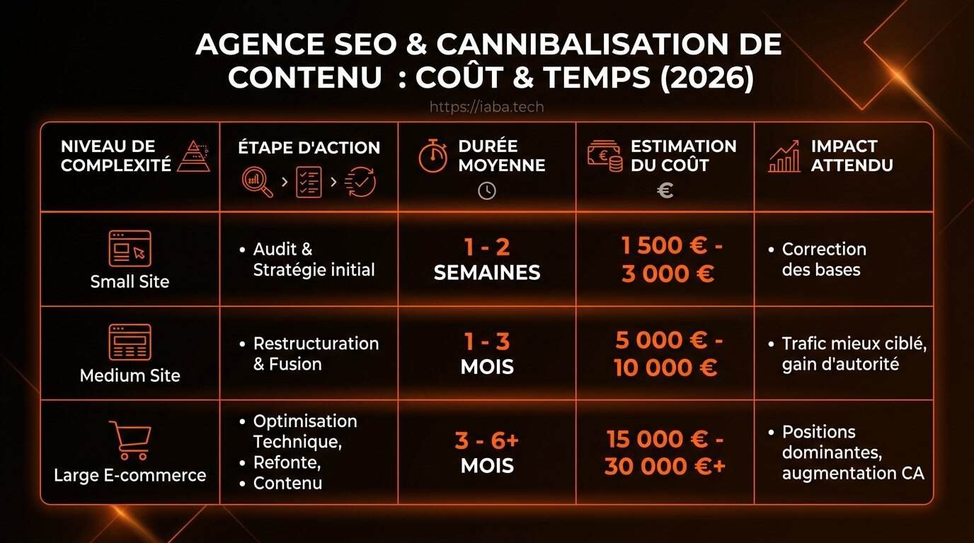 Cannibalisation SEO : prix et délais d'une agence en 2026 6 Tableau des coûts et délais correction cannibalisation SEO par taille de site TPE PME Grand Compte