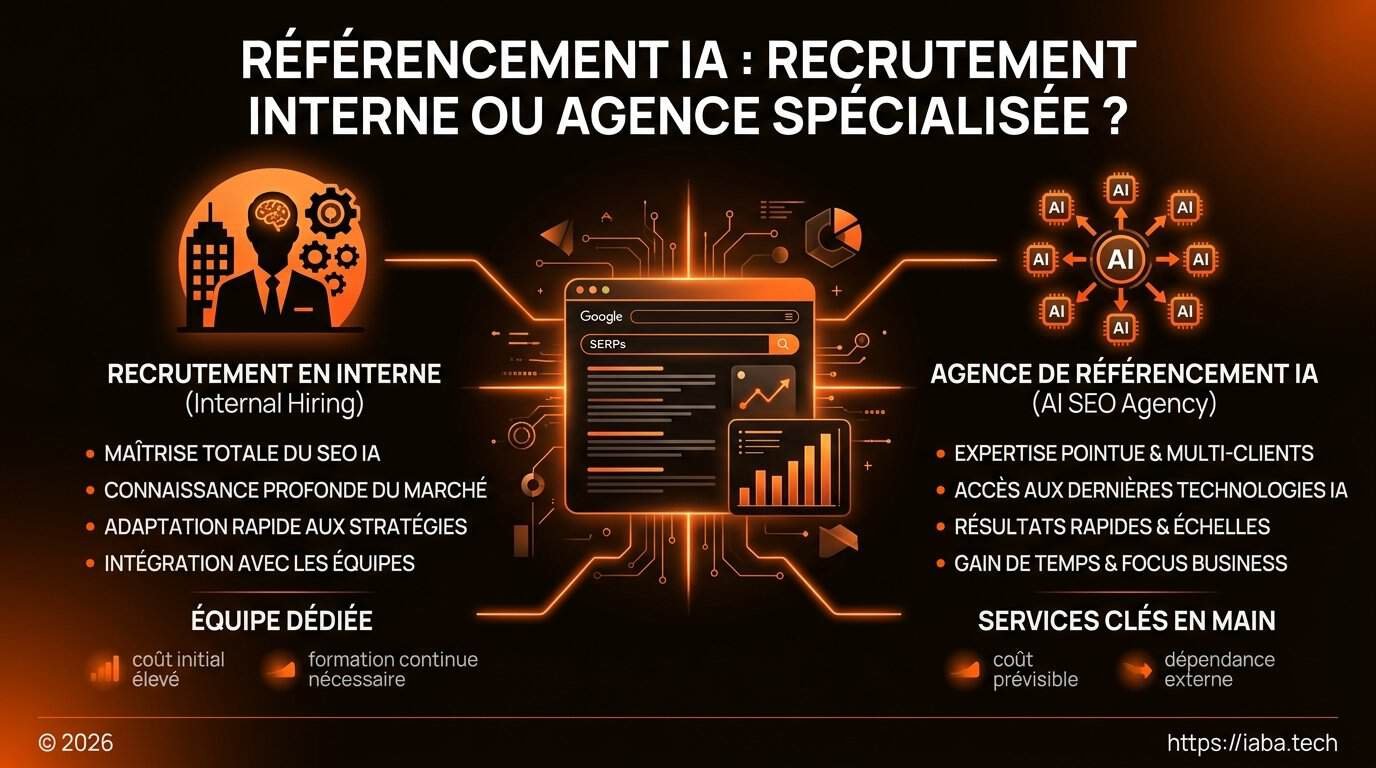 Agence ou interne pour le référencement IA en 2026 ? 2 Infographie comparative recrutement interne vs externalisation pour le référencement IA en 2026