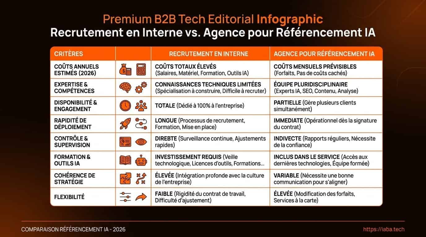 Agence ou interne pour le référencement IA en 2026 ? 4 Tableau comparatif SEO IA interne versus agence selon coûts, expertise LLM et scalabilité