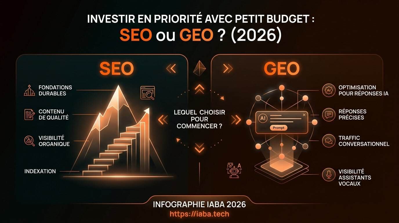 Infographie : comparatif stratégique SEO vs GEO en 2026 pour un budget marketing PME