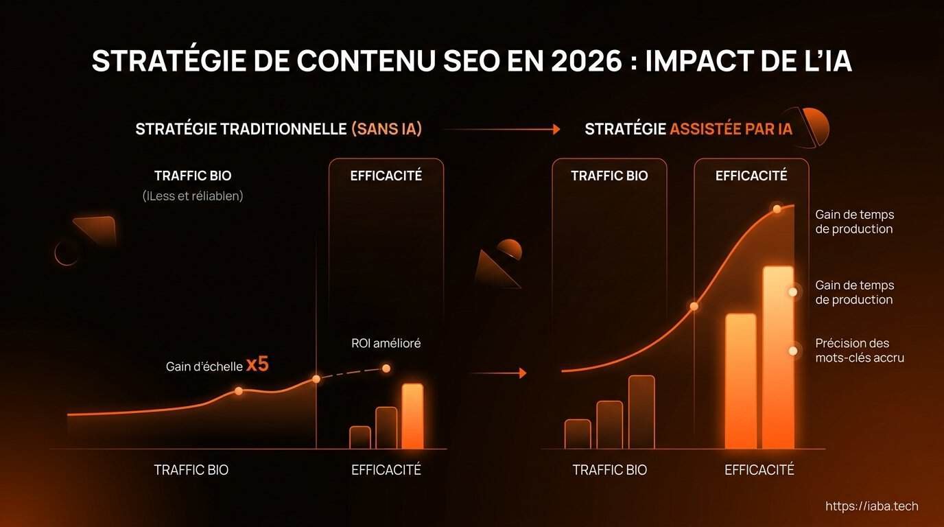 Graphique : comparaison de la croissance du trafic organique IA vs rédaction manuelle sur 24 mois