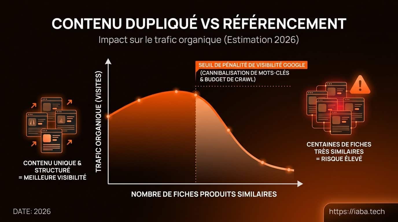 Fiches produits similaires : risque de pénalité SEO 2026 ? 3 Graphique montrant la chute d'indexation causée par le contenu dupliqué en e-commerce fiches produits similaires