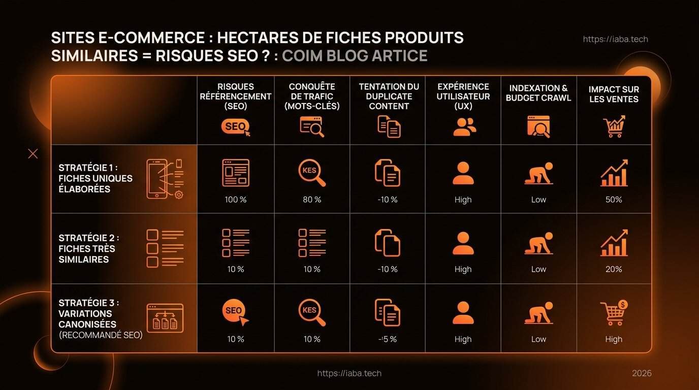 Fiches produits similaires : risque de pénalité SEO 2026 ? 5 Tableau analyse des risques SEO fiches produits similaires duplicate content cannibalisation budget crawl