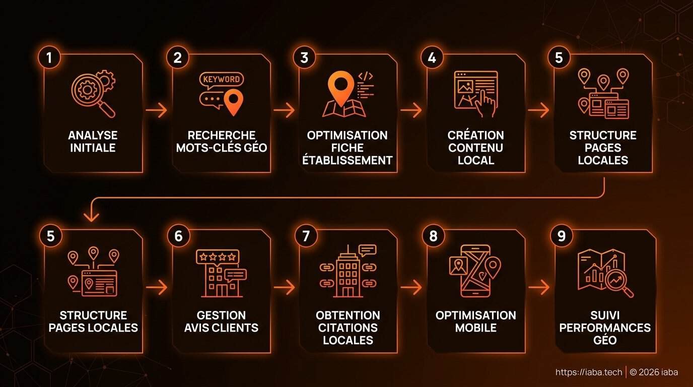 Schéma de processus des étapes d'optimisation GEO en 2026