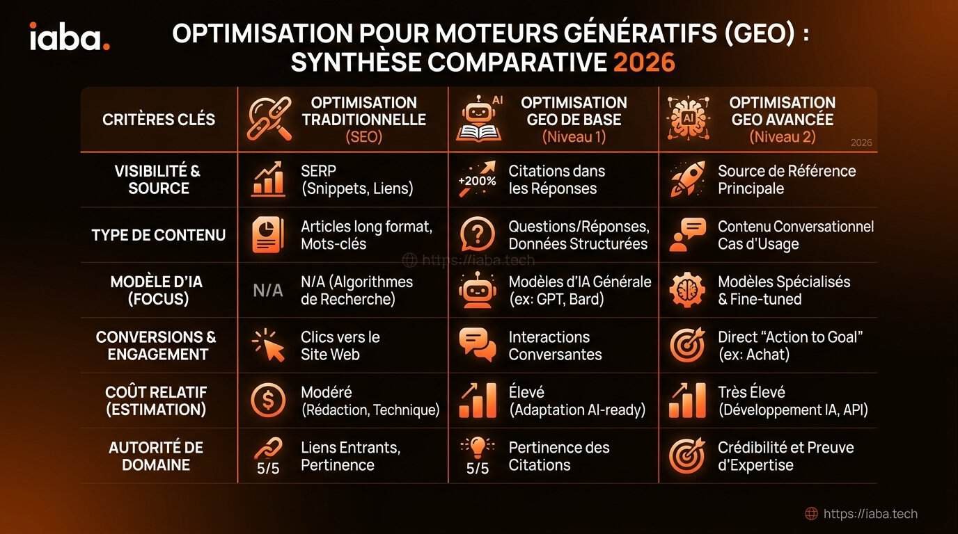 Comparatif des techniques d'optimisation GEO en 2026 par impact