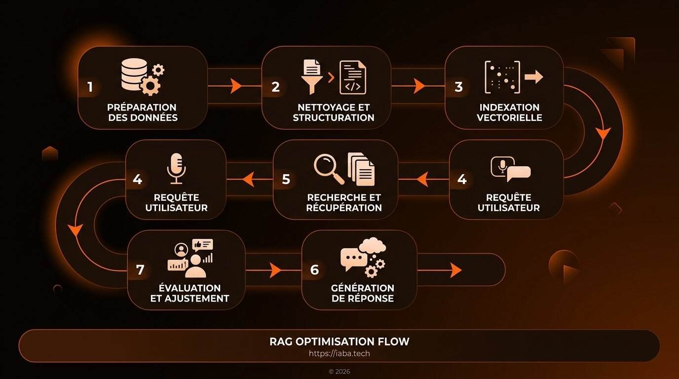 Schéma des étapes d'optimisation RAG : ingestion, indexation, recherche, reranking, génération