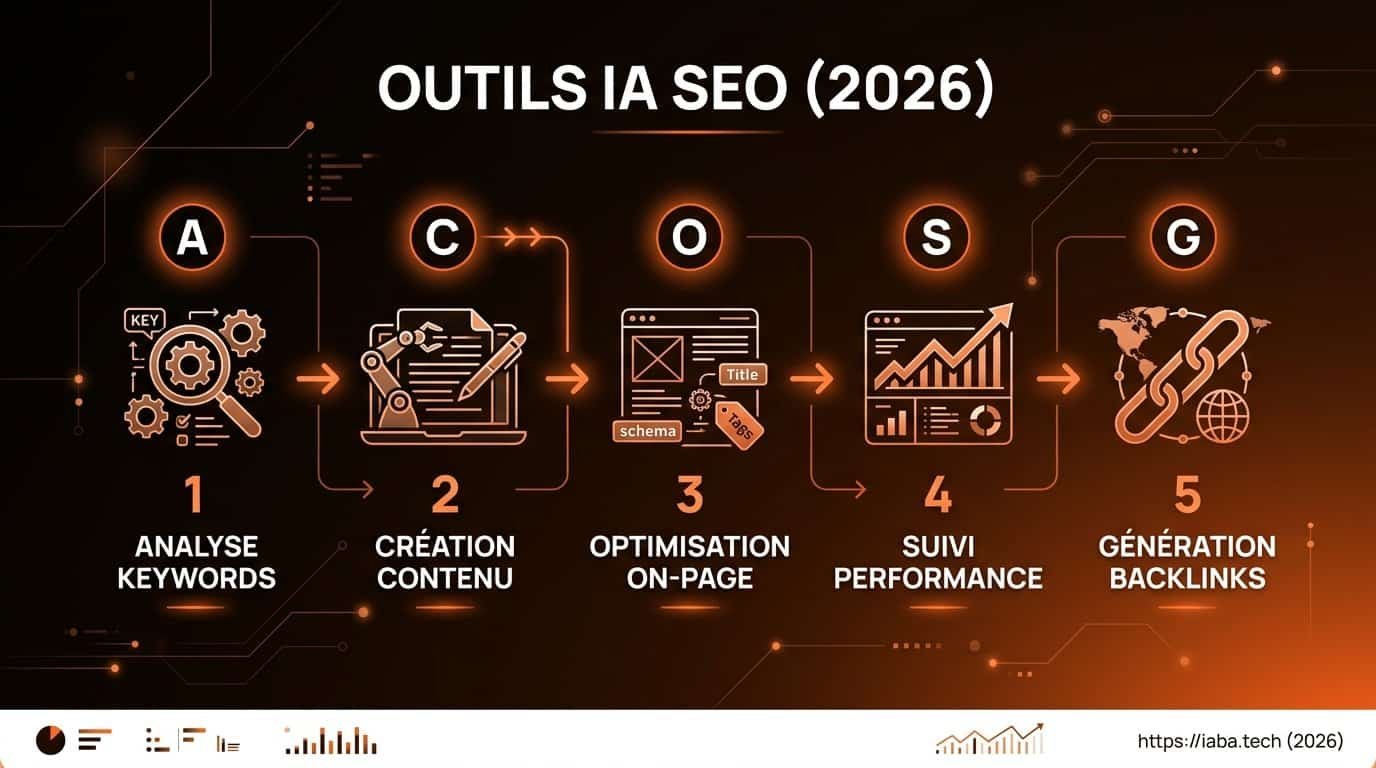 Schéma de processus en 4 étapes d'utilisation des outils IA SEO