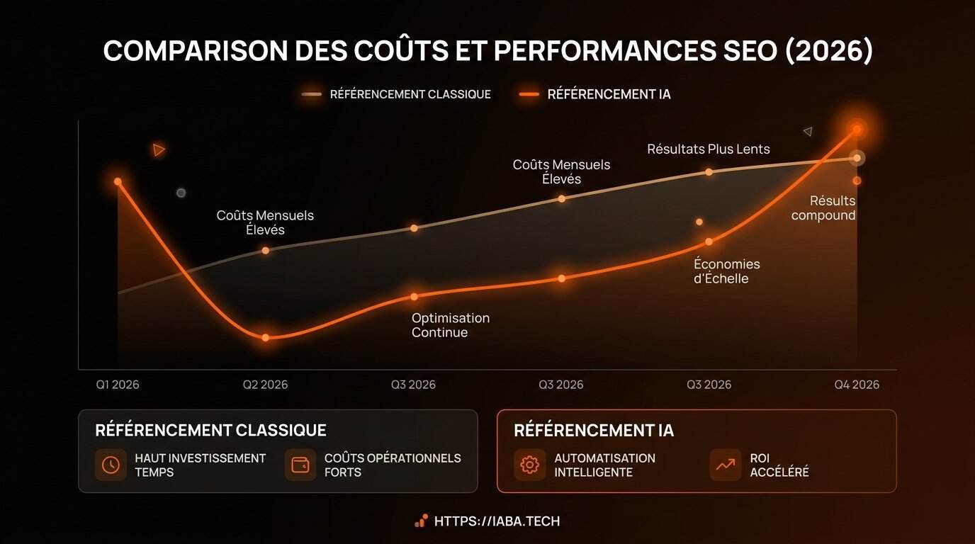Évolution comparative des coûts de référencement IA face au SEO traditionnel sur 24 mois