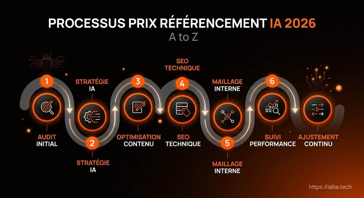 Schéma de processus d'audit, automatisation et suivi ROI d'un référencement IA