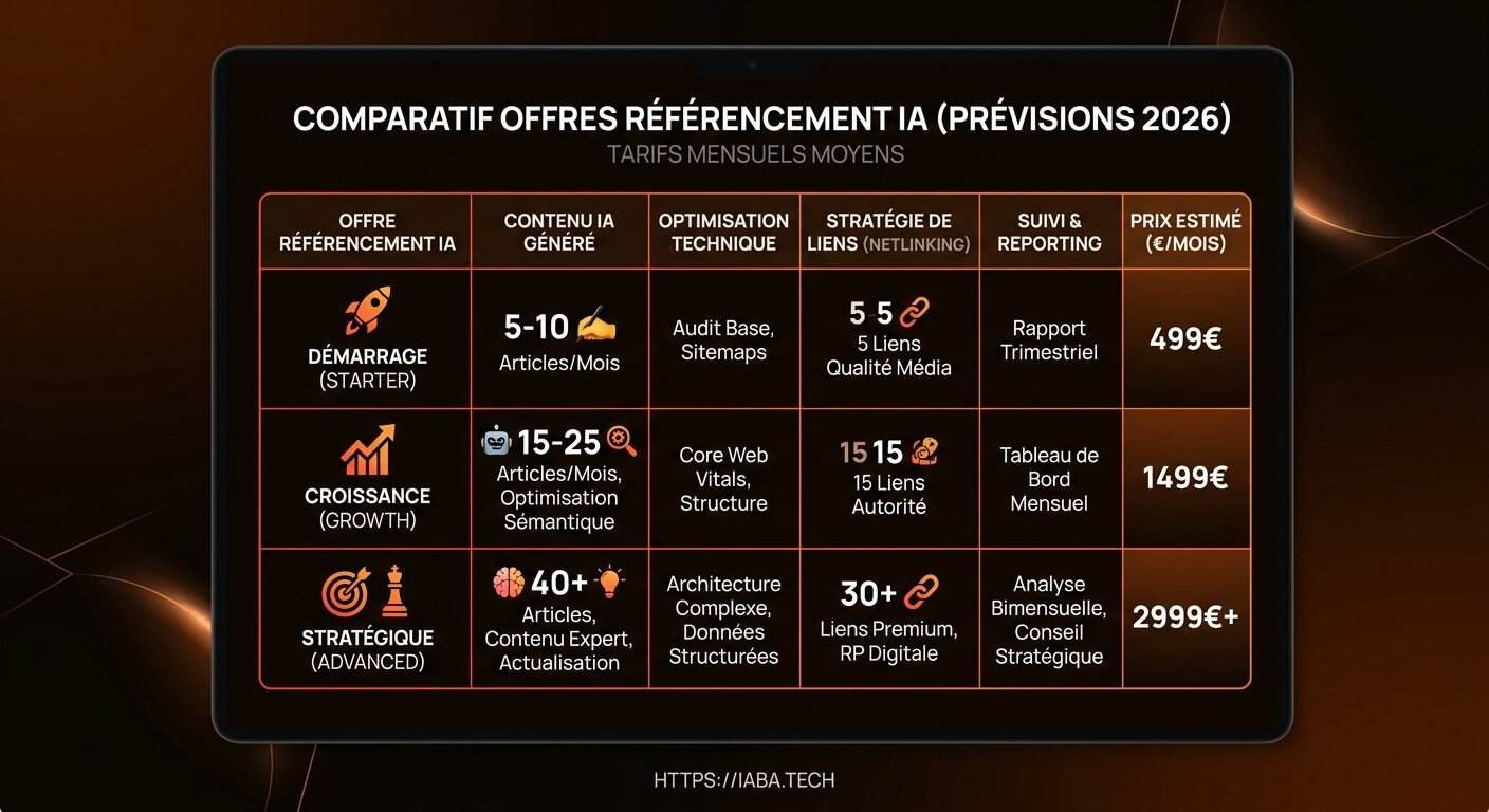Tableau comparatif des tarifs agence GEO et devis SEO IA par type de prestation