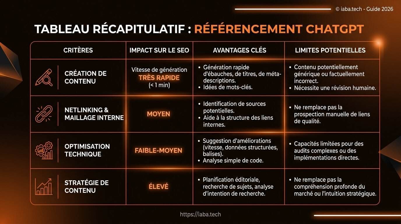 Référencement ChatGPT : Comment être cité par l'IA (2026) 4 Tableau comparatif des stratégies de référencement ChatGPT 2026 par piliers techniques