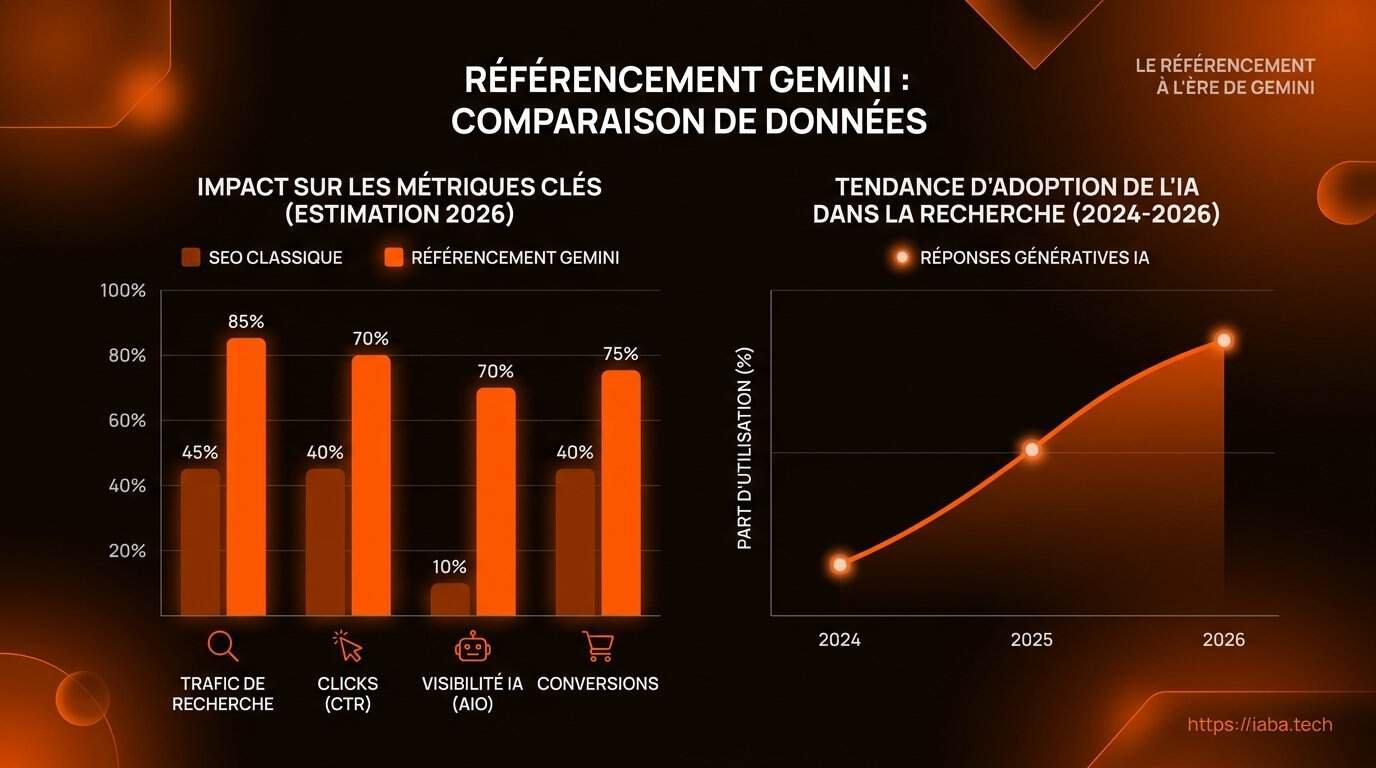 Référencement Gemini 2026 : Guide GEO pour être cité par l'IA 3 Graphique : comparaison visibilité organique Google traditionnel vs réponses Gemini